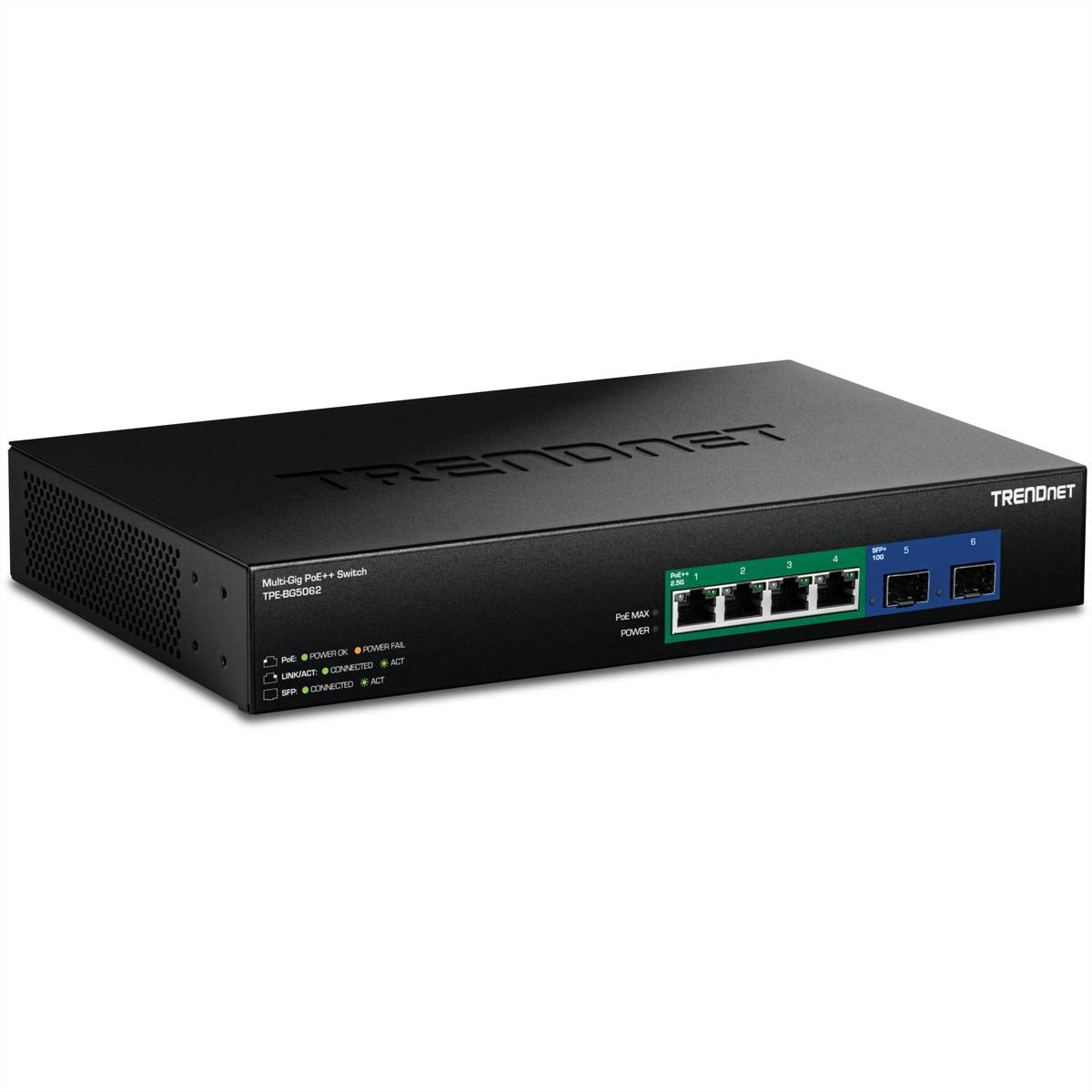 TRENDnet TPE-BG5062 6-Port Switch 240W 2.5G GaN Power PoE++ mit 10G SFP+ Port Netzwerk-Infrastruktur