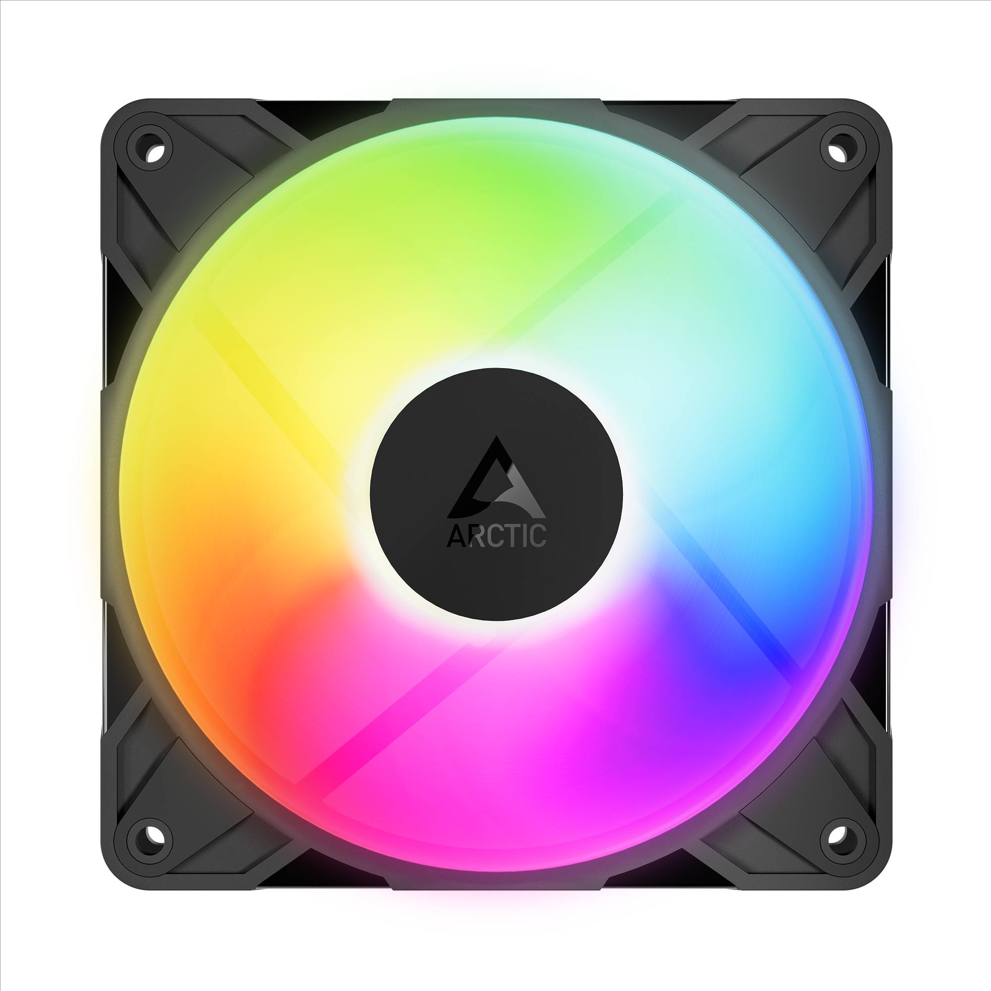 Arctic RGB-Computerkühler mit regenbogenbeleuchtetem rundem Lüfterblatt in schwarzem quadratischem Rahmen.