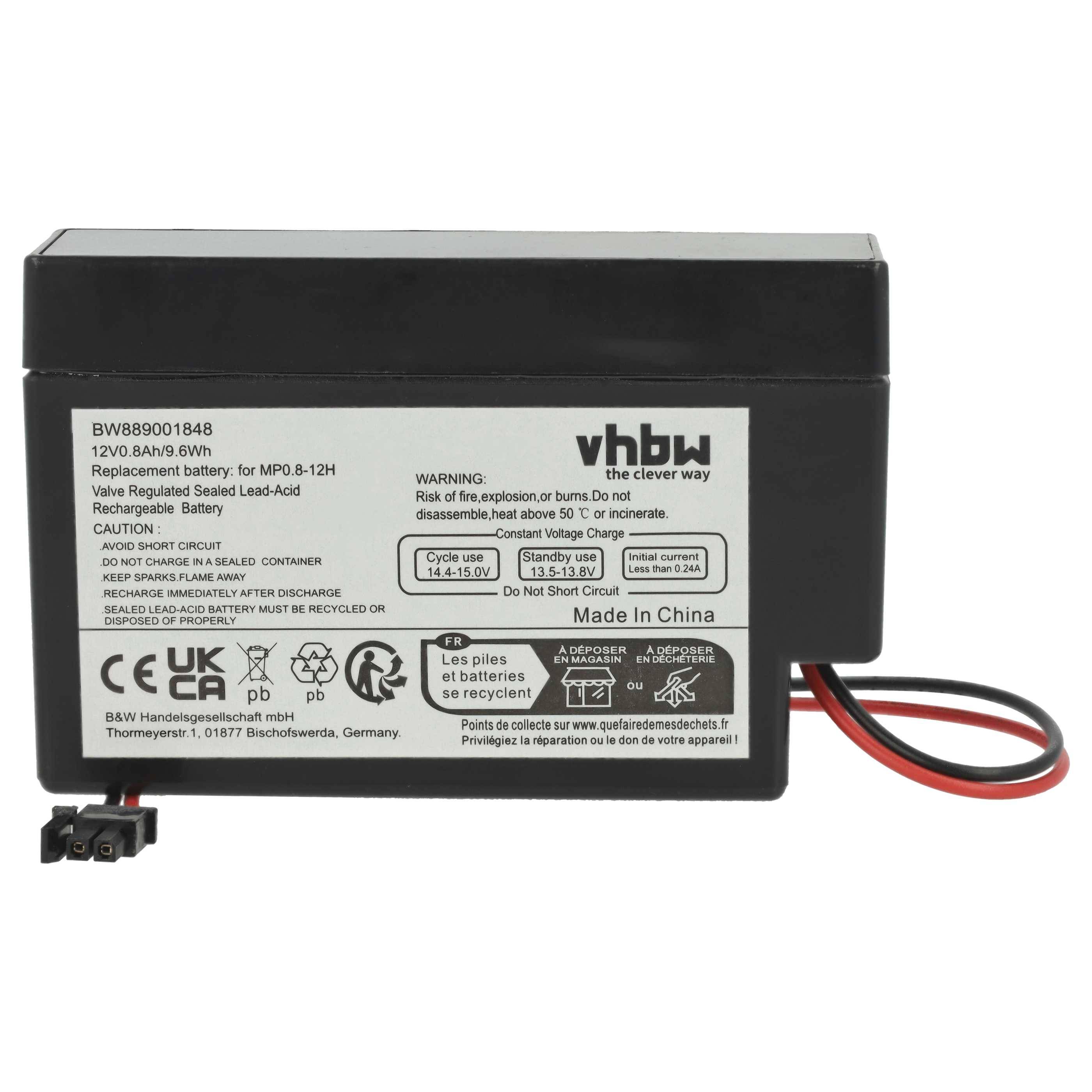 Eine rechteckige schwarze versiegelte Blei-Säure-Batterie mit Etiketten, die Spezifikationen, Warnhinweise und einen kleinen Anschluss mit roten und schwarzen Kabeln zeigt.