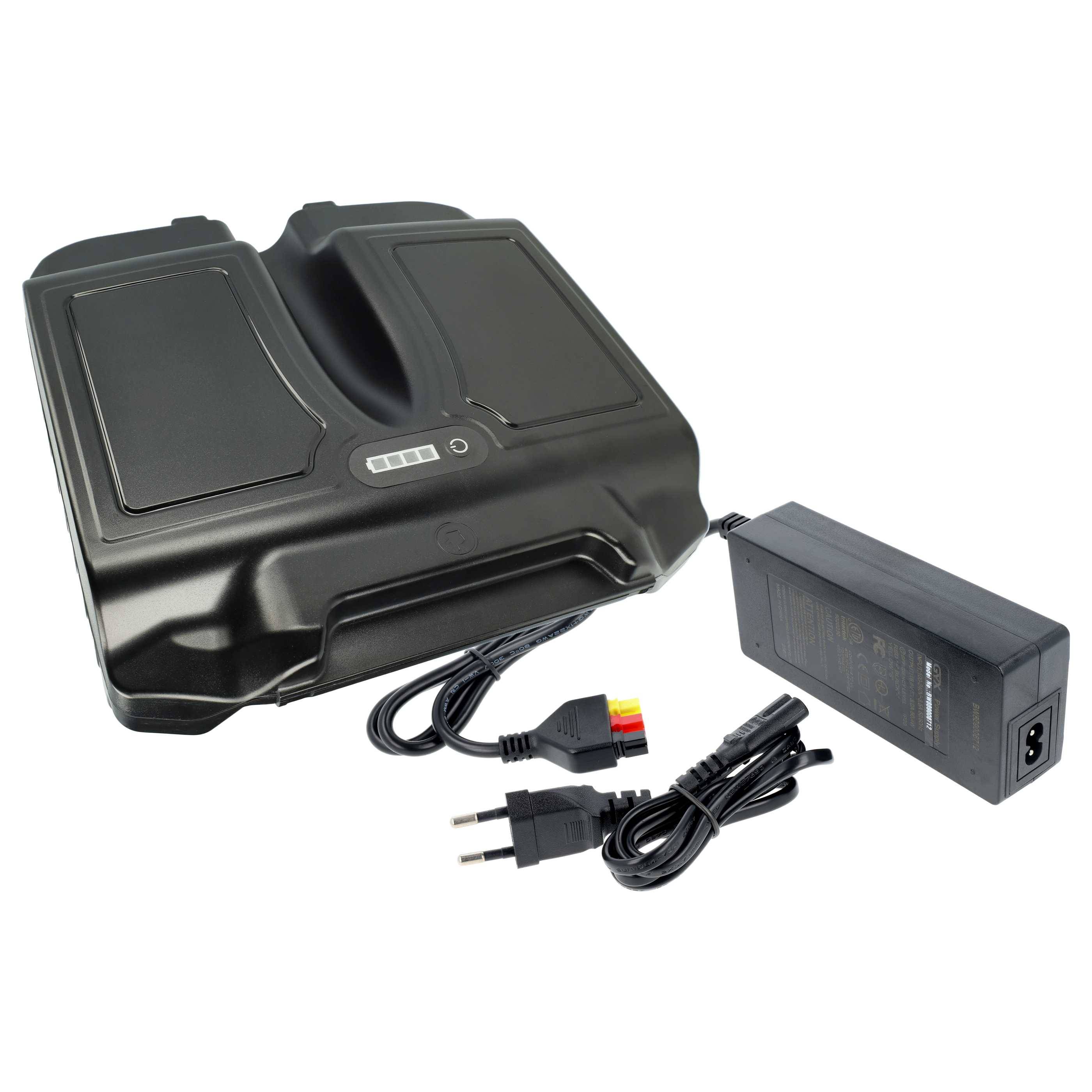 Elektrische Fahrradbatterie mit Ladegerät und Netzkabel. Die Batterie ist rechteckig mit einer LED-Anzeige und für E-Bikes und Roller ausgelegt.