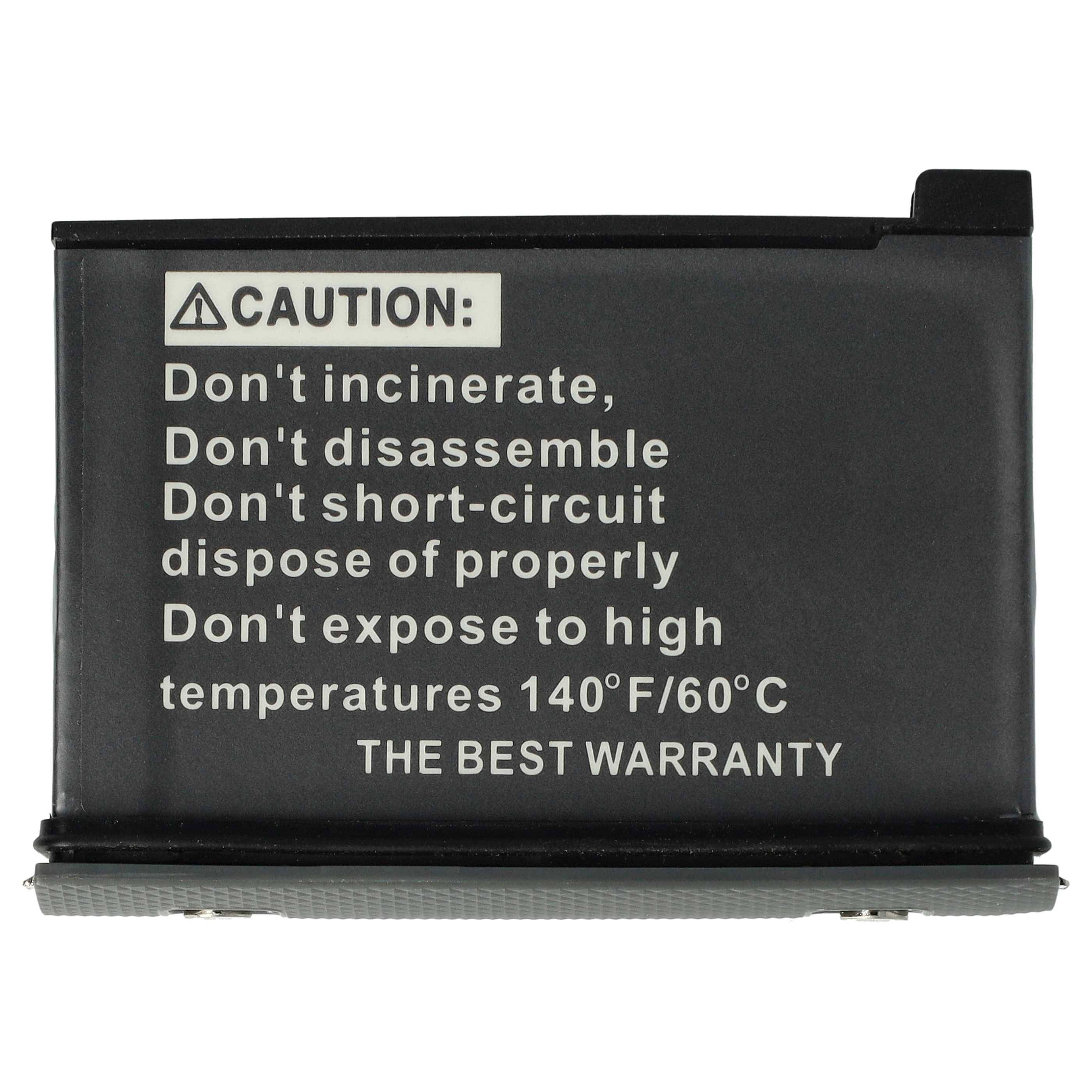 Eine Batterie mit einer Warnaufschrift liest sich wie folgt: ‚Nicht verbrennen, zerlegen oder kurzschließen; fachgerecht entsorgen; Temperaturen über 140°F/60°C vermeiden.
