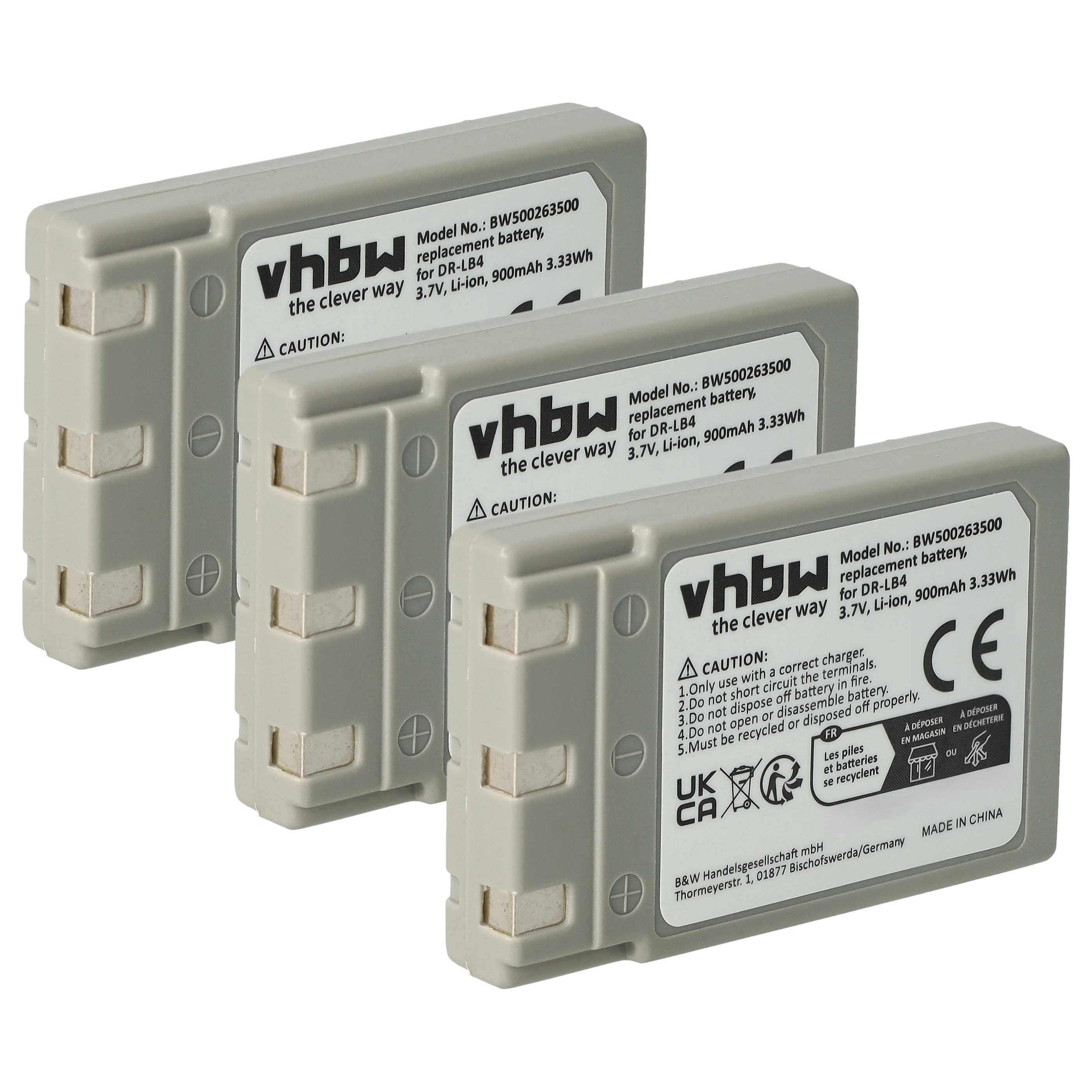 Drei vhbw Lithium-Ionen-Ersatzbatterien mit der Modellnummer BWS00253500, 3,7V, 900mAh, sind in einer Reihe angeordnet.