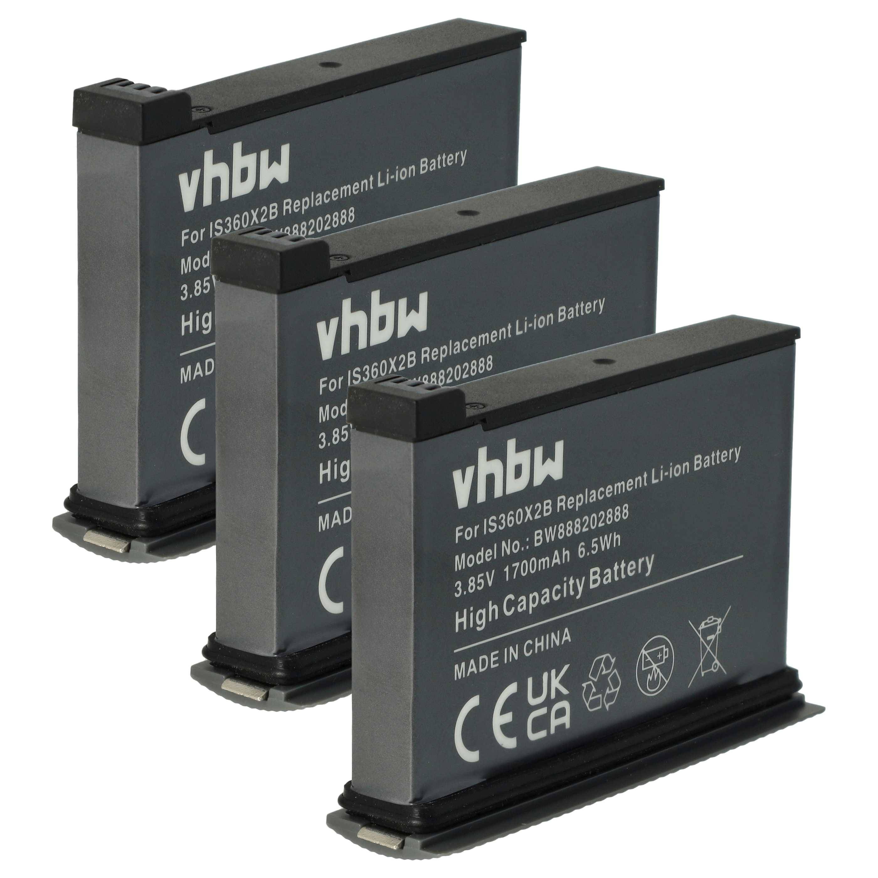 Drei Lithium-Ionen-Ersatzbatterien der Marke 'vhbw' für das Modell IS360X2B, jede mit 3,85V und 1700mAh Kapazität, hergestellt in China.