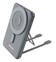 Grauer tragbarer Powerbank mit Ständer und integrierten Ladekabeln für mobile Geräte.