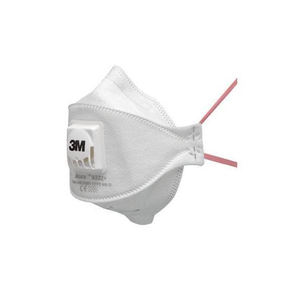 Eine weiße 3M Aura Atemschutzmaske mit einem roten Riemen und einem Ventil wird gezeigt. Sie ist für den Atemschutz konzipiert und als Modell 9322 gekennzeichnet.