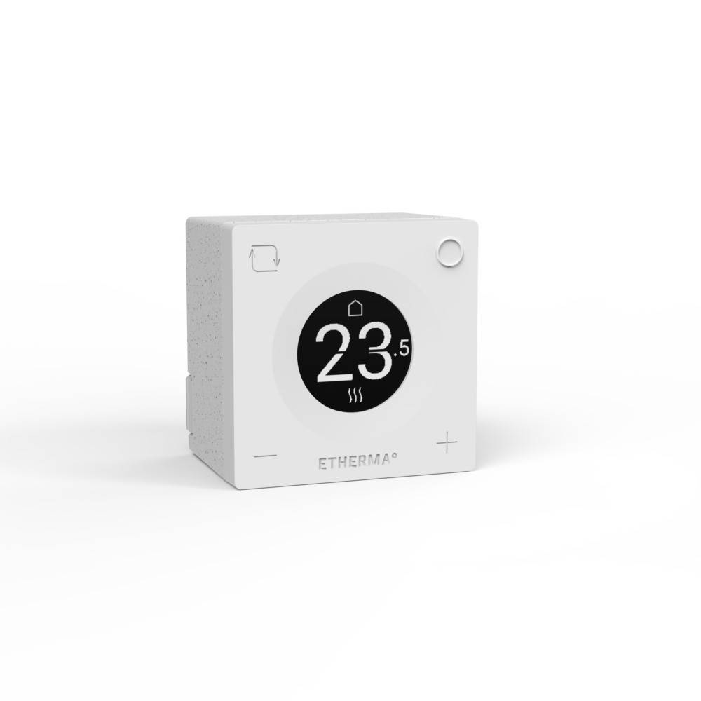 Eine weiße Wandthermostat mit einem digitalen Display, auf dem '23,5' Grad angezeigt werden, mit Plus- und Minus-Tasten an den Seiten.