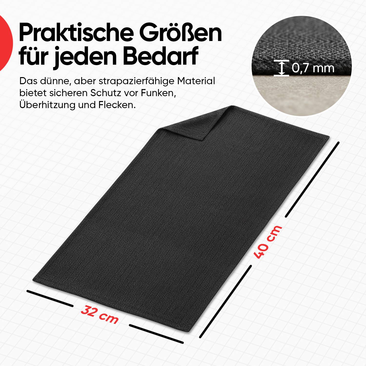 EVOCAMP Feuerfester Stoff 40x32 cm, Hitzeschutz bis 982 °C, aus voroxidierten Fasern flexibel & langlebig, ideal als Brandschutz Unterlage
