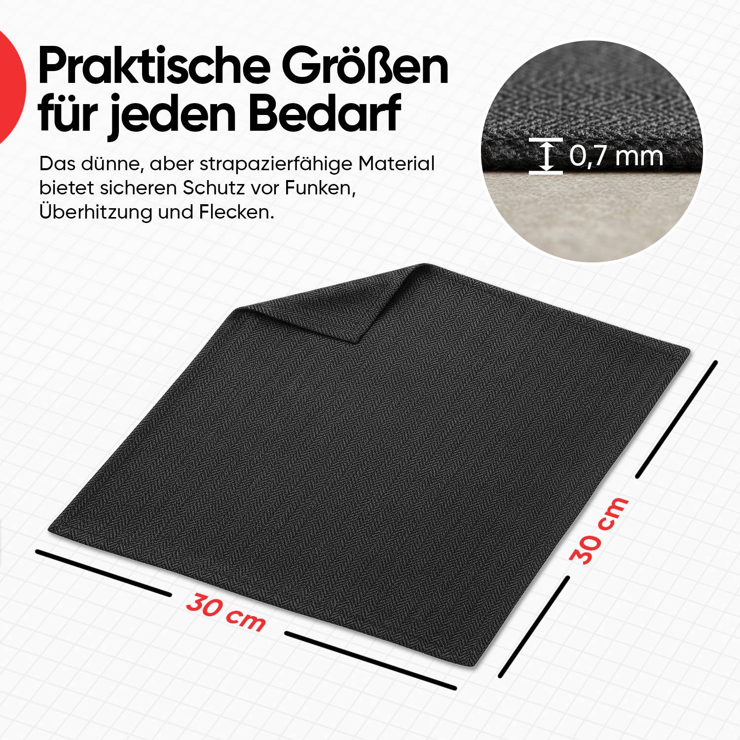 EVOCAMP Feuerfester Stoff 30x30 cm, Hitzeschutz bis 982 °C, aus voroxidierten Fasern flexibel & langlebig, ideal als Brandschutz Unterlage