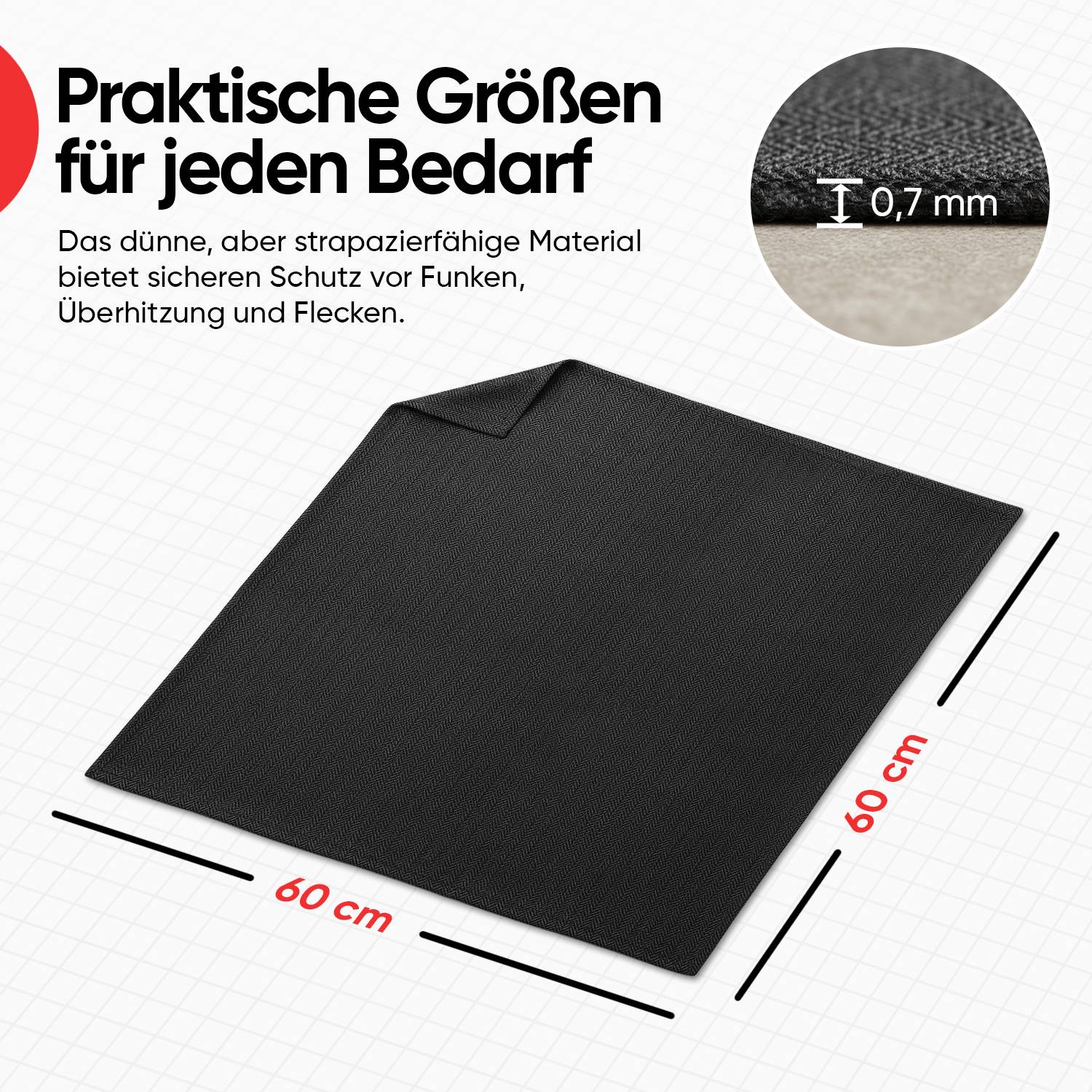 EVOCAMP Feuerfester Stoff 60x60 cm, Hitzeschutz bis 982 °C, aus voroxidierten Fasern flexibel & langlebig, ideal als Brandschutz Unterlage
