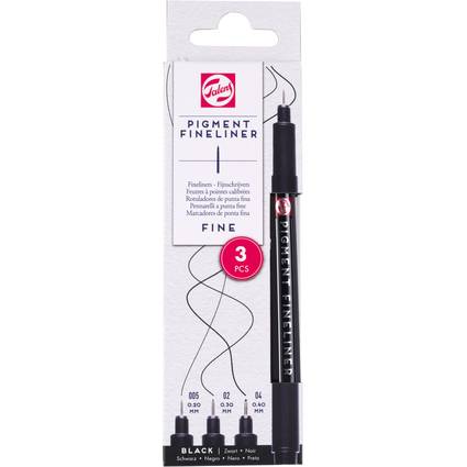 Verpackung der Talens Pigment Fineliner Stifte, mit verschiedenen Spitzengrößen: 0,05, 0,2 und 0,4 mm, schwarze Tinte, 3er-Set.