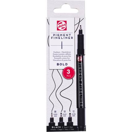 Schwarzes Fineliner-Stift-Set, gekennzeichnet als 'Pigment Fineliner', enthält drei Stifte: Spitzen mit 0,8 mm, 10 mm und 12 mm. Die Verpackung zeigt Bilder der Stifte und das Markenlogo.