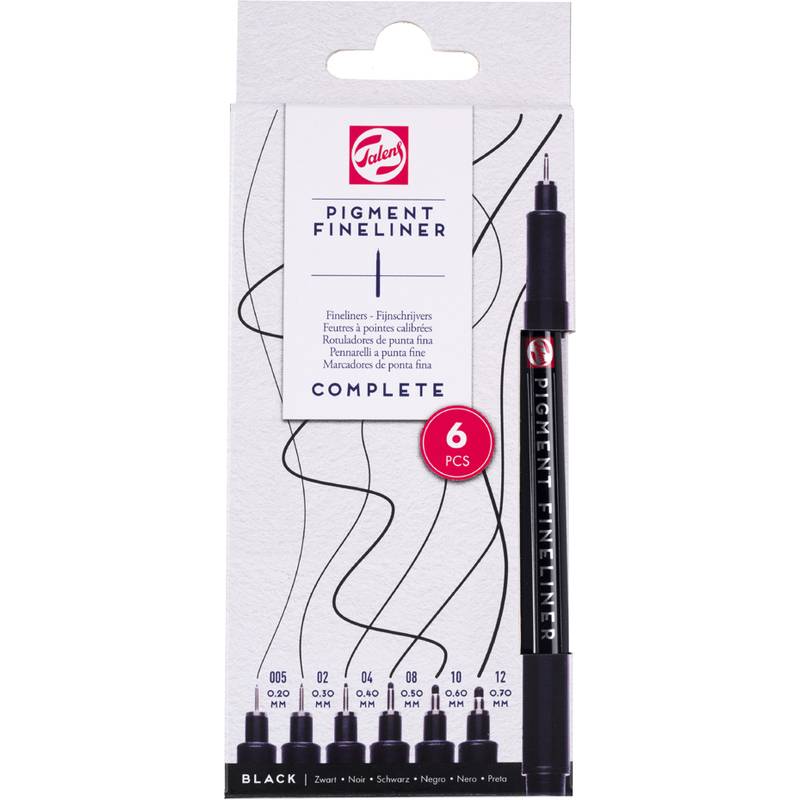 Schachtel mit sechs schwarzen Pigment-Fineliner-Stiften mit unterschiedlichen Spitzengrößen von 0,05 bis 1,2 mm; Markenname 'Talens' sichtbar.