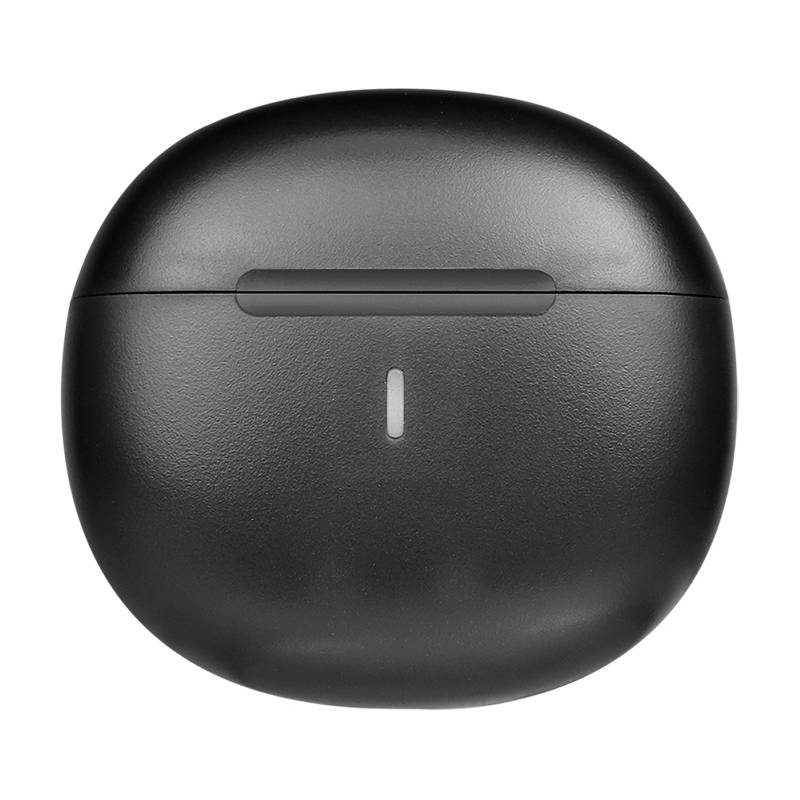 Schwarze kabellose Ohrhörer-Ladehülle mit einem eleganten, abgerundeten Design und einem kleinen LED-Indikator auf der Vorderseite.