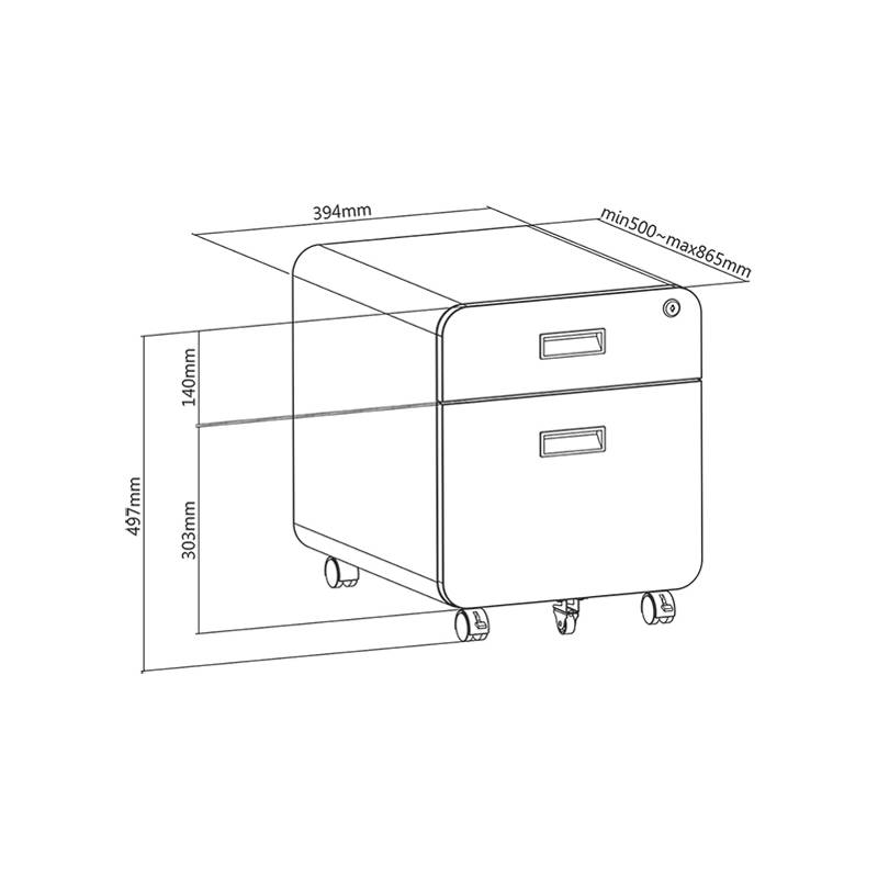 Rollschrank mit zwei Schubladen, mit den Maßen: 497 mm Höhe, 394 mm Breite und variabler Tiefe von 500 mm bis 865 mm.