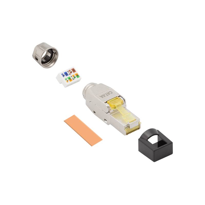Explosionszeichnung eines RJ45-Steckers, die eine Metallhülse, Drahtausrichtungseinsatz, orangefarbenen Streifen und schwarze Kappe zeigt und die Bauteile der Montage veranschaulicht.