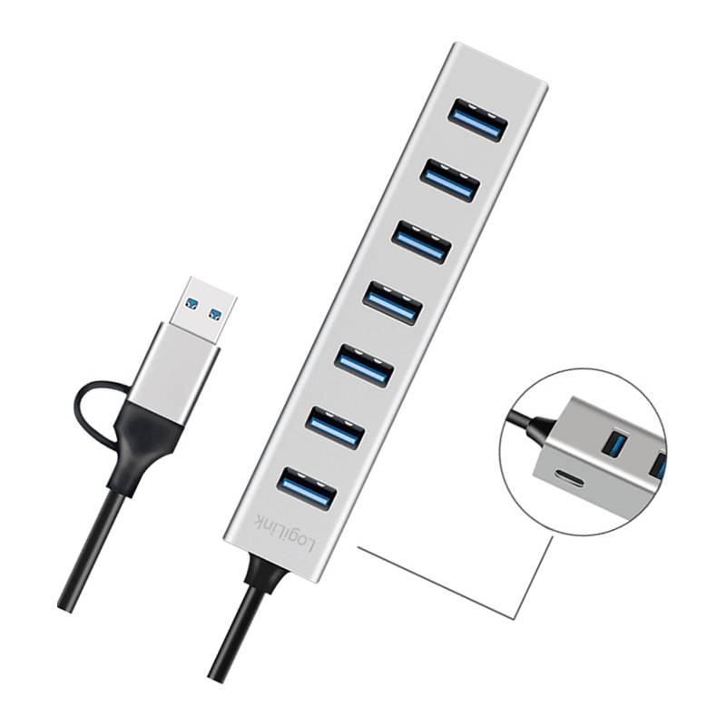 LogiLink' USB-Hub mit silberner Oberfläche, ausgestattet mit sieben USB-Anschlüssen und einem zusätzlichen Ladeanschluss an der Seite, verbunden über ein schwarzes Kabel.