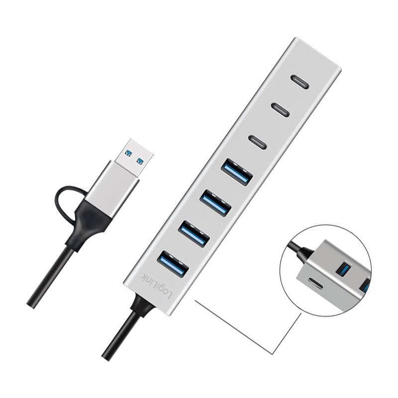 LogiLink USB 3.0 Hub, 7-Port, 4x USB-A / 3x USB-C, silber