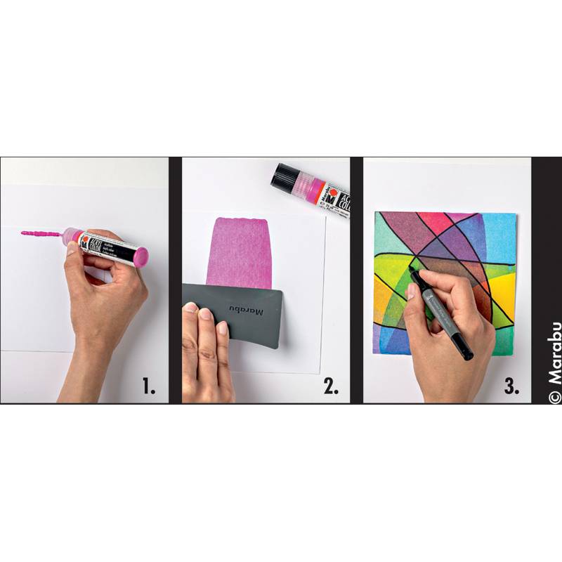 Eine Schritt-für-Schritt-Anleitung, die Hände zeigt, die pinke und schwarze Marker verwenden, um farbenfrohe abstrakte Formen auf Papier zu erstellen.