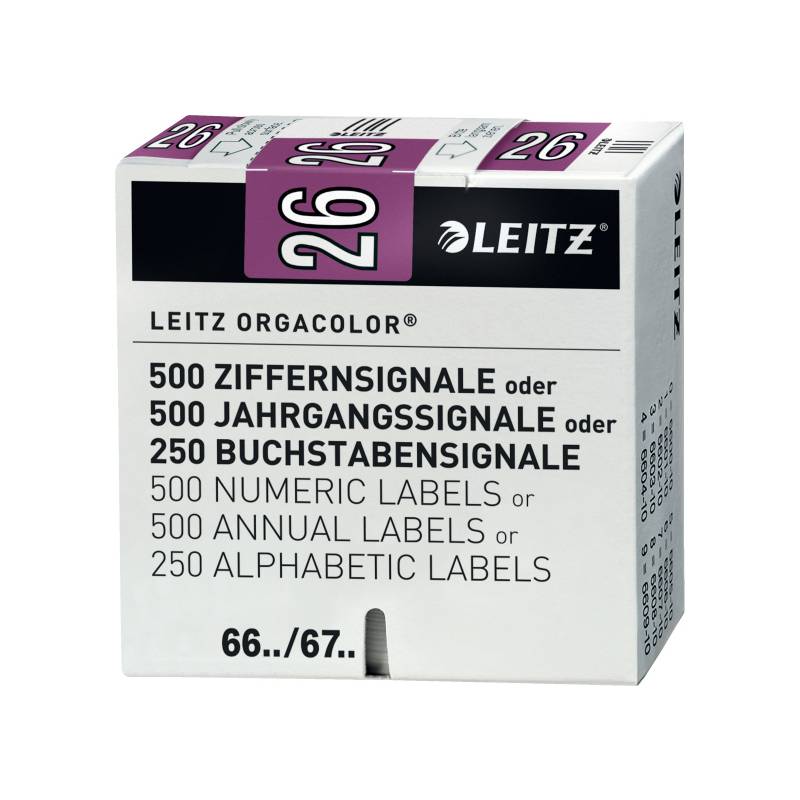 Leitz Orgacolor Etikettenschachtel mit Optionen: '500 numerische Etiketten', '500 Jahresetiketten' oder '250 alphabetische Etiketten', Nummer '26'.
