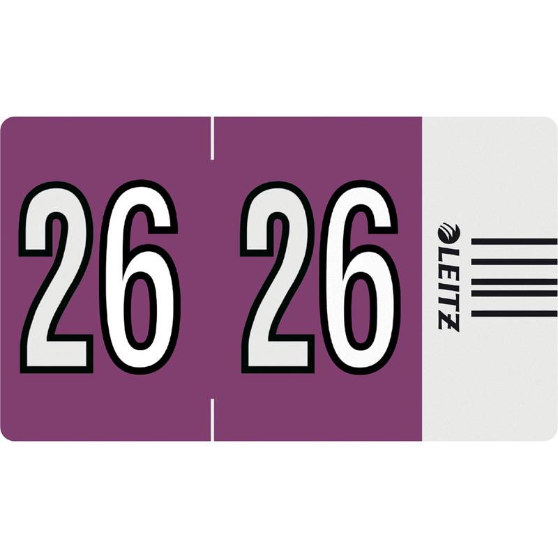 26' in fetter, weißer Schrift auf violettem Hintergrund, zweimal wiederholt. Rechts davon schwarze Balken und der Name 'LEITZ' in schwarzer Schrift zu sehen.