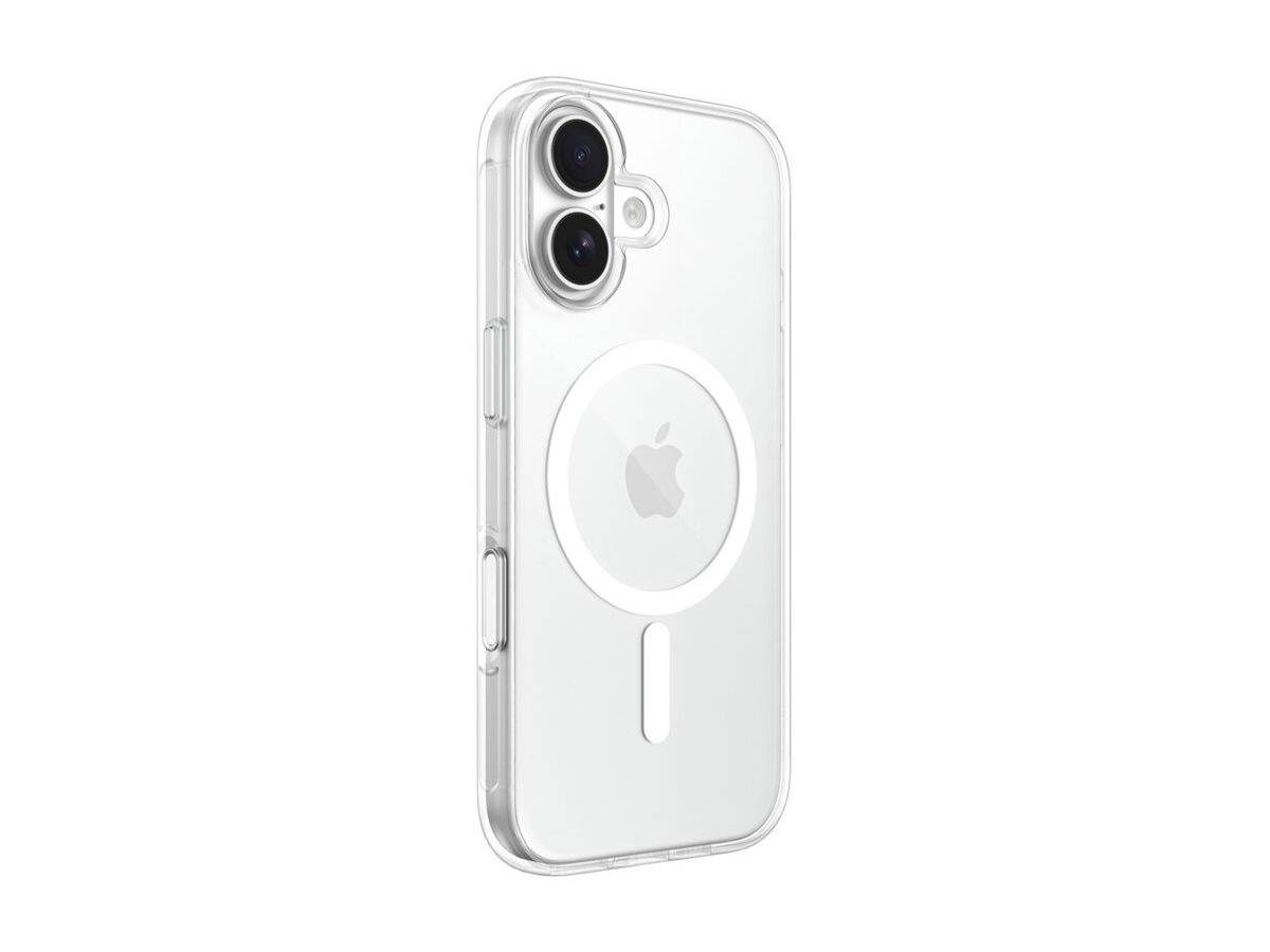 Transparente Handyhülle für iPhone mit MagSafe-Kompatibilität, zeigt Apple-Logo und kreisförmiges magnetisches Muster, entwickelt für sichere Befestigung.