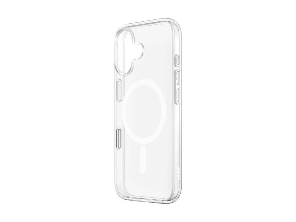 Transparente Handyhülle mit einem kreisförmigen Design auf der Rückseite, die die Kompatibilität mit magnetischem Laden hervorhebt.
