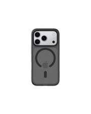 Ein Smartphone von hinten, mit einer grauen Hülle mit einem kreisförmigen Muster und einem Apple-Logo. Drei Kameraobjektive sind links oben sichtbar.