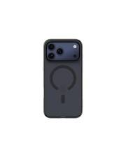 Ein Smartphone mit einer schwarzen Hülle, auf deren Rückseite ein kreisförmiges MagSafe-Symbol zu sehen ist, das seine Kompatibilität mit MagSafe-Zubehör hervorhebt.