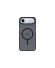 Graue iPhone-Hülle mit MagSafe-Kreisdesign, bei dem ein Apple-Logo in der Mitte platziert ist, speziell zugeschnitten für ein iPhone-Modell mit einer einzelnen Rückkamera.