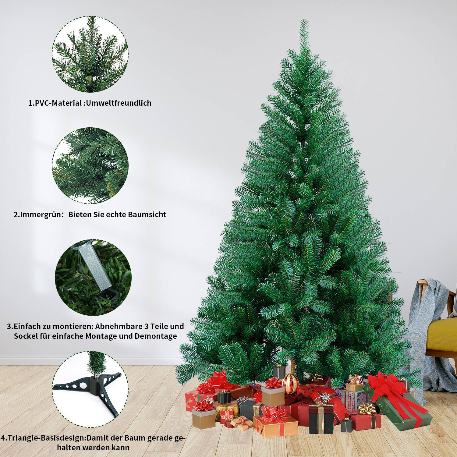 120cm Künstlicher Weihnachtsbaum mit 220 Spitzen PVC, Tannenbaum mit Ständer, Christbaum Kunstbaum Grün