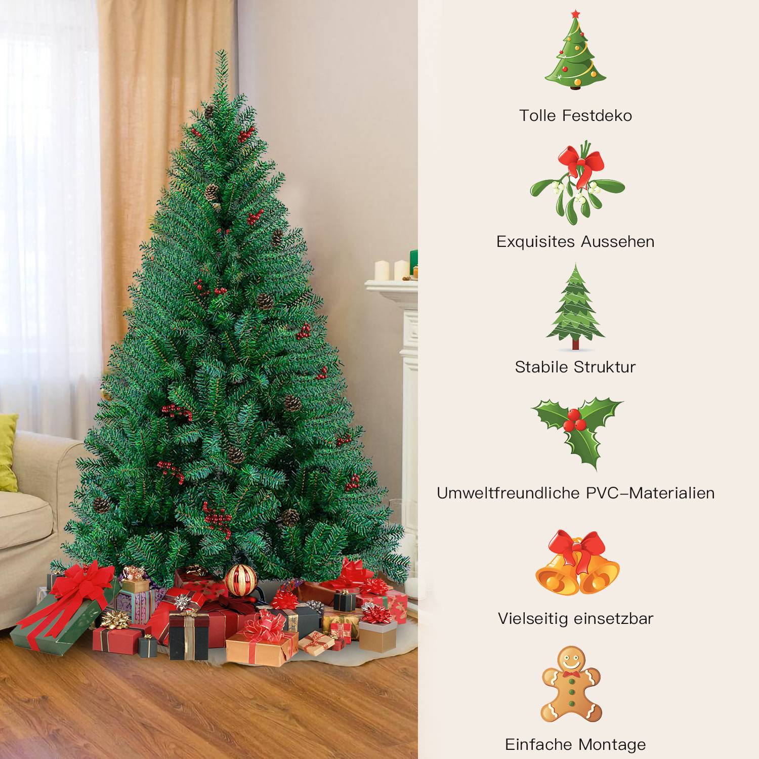 150cm Künstlicher Weihnachtsbaum mit 400 Spitzen PVC, Tannenbaum mit Ständer, Christbaum Kunstbaum Grün