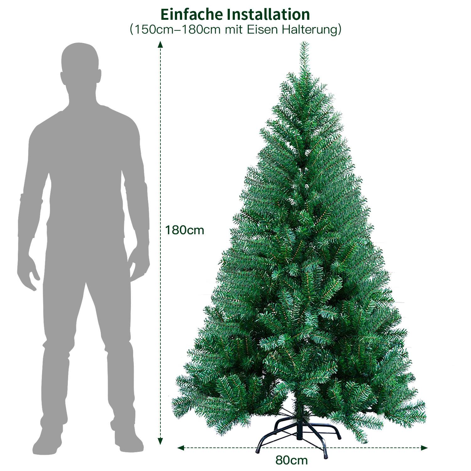 180cm Künstlicher Weihnachtsbaum mit 650 Spitzen PVC, Tannenbaum mit Ständer, Christbaum Kunstbaum Grün