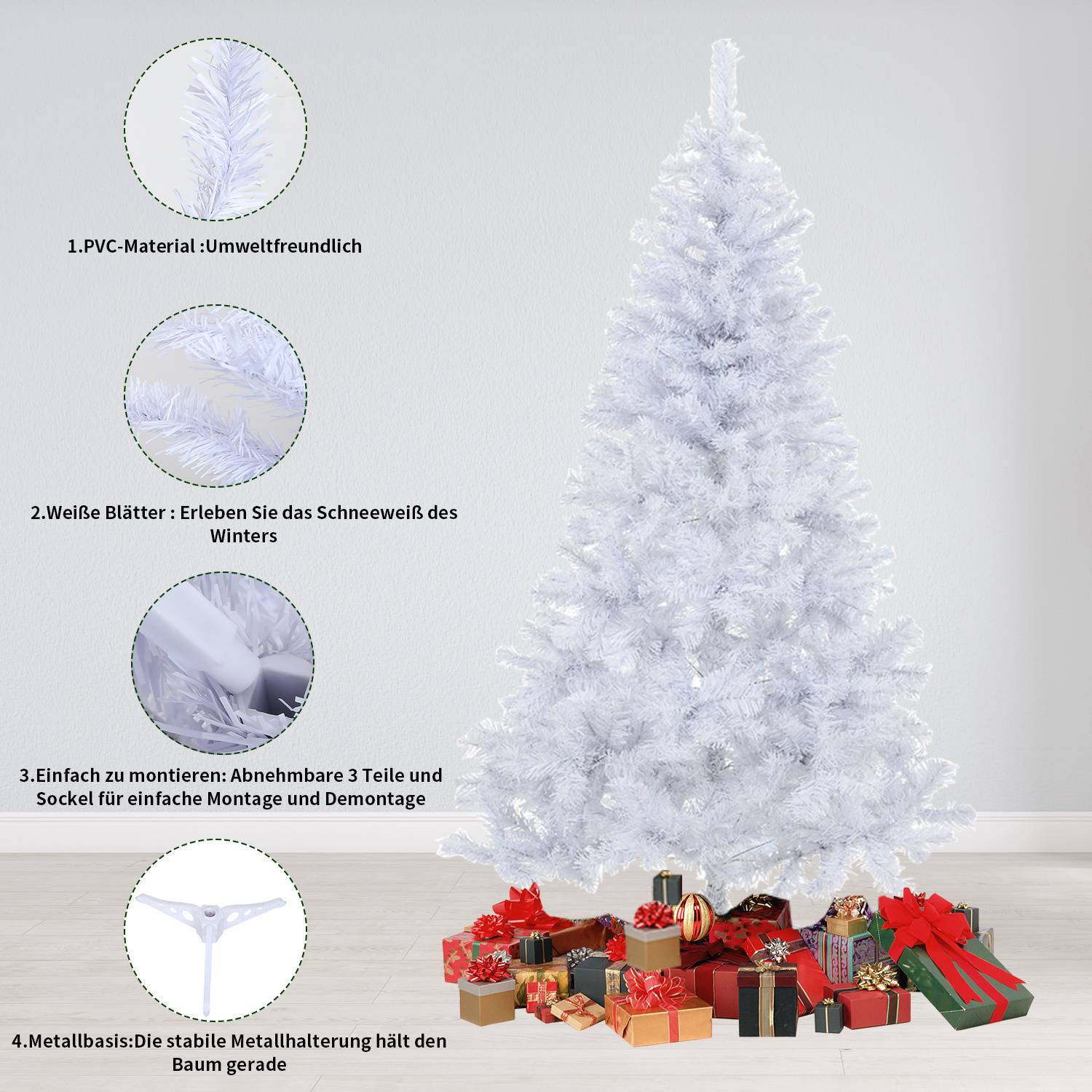 120cm Künstlicher Weihnachtsbaum mit 220 Spitzen PVC, Tannenbaum mit Ständer, Christbaum Kunstbaum Weiß