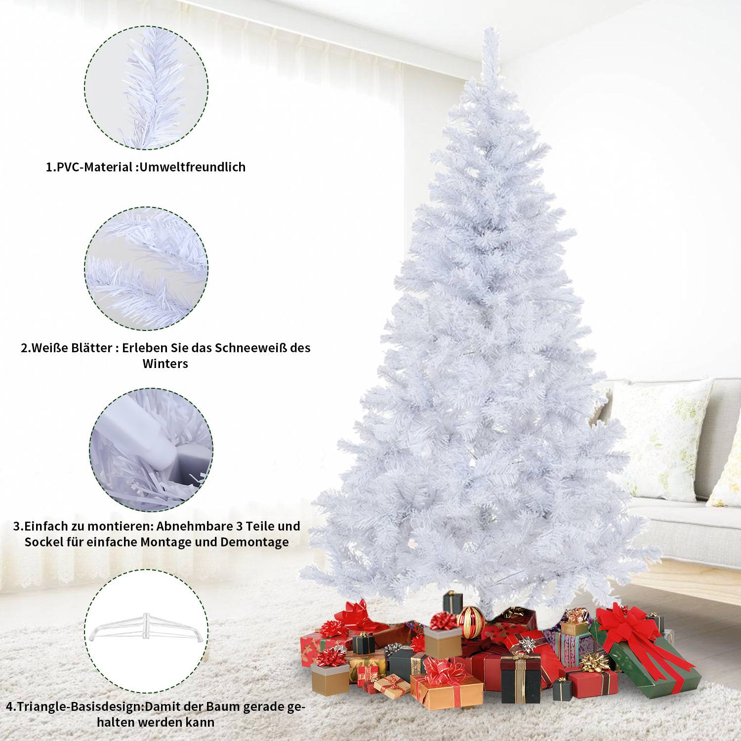 180cm Künstlicher Weihnachtsbaum mit 770 Spitzen PVC, Tannenbaum mit Ständer, Christbaum Kunstbaum Weiß