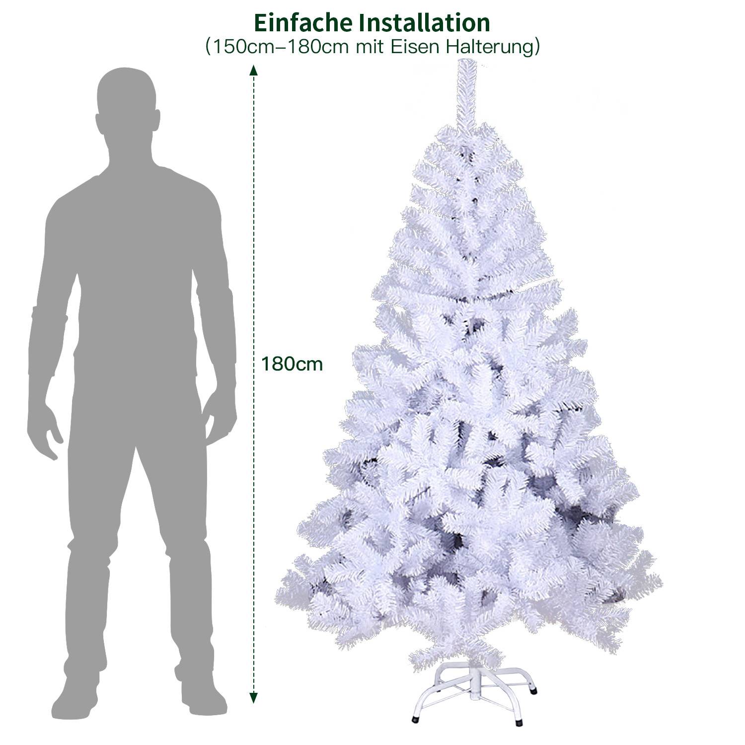 180cm Künstlicher Weihnachtsbaum mit 770 Spitzen PVC, Tannenbaum mit Ständer, Christbaum Kunstbaum Weiß