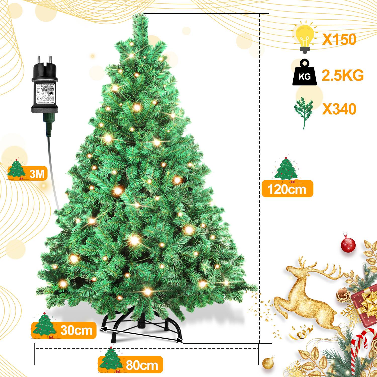 120cm Künstlicher Weihnachtsbaum mit LED-Beleuchtung 150 LEDs Warmweiß inkl. Metallfuß mit 340 Spitzen Christbaum Tannenbaum PVC Grün