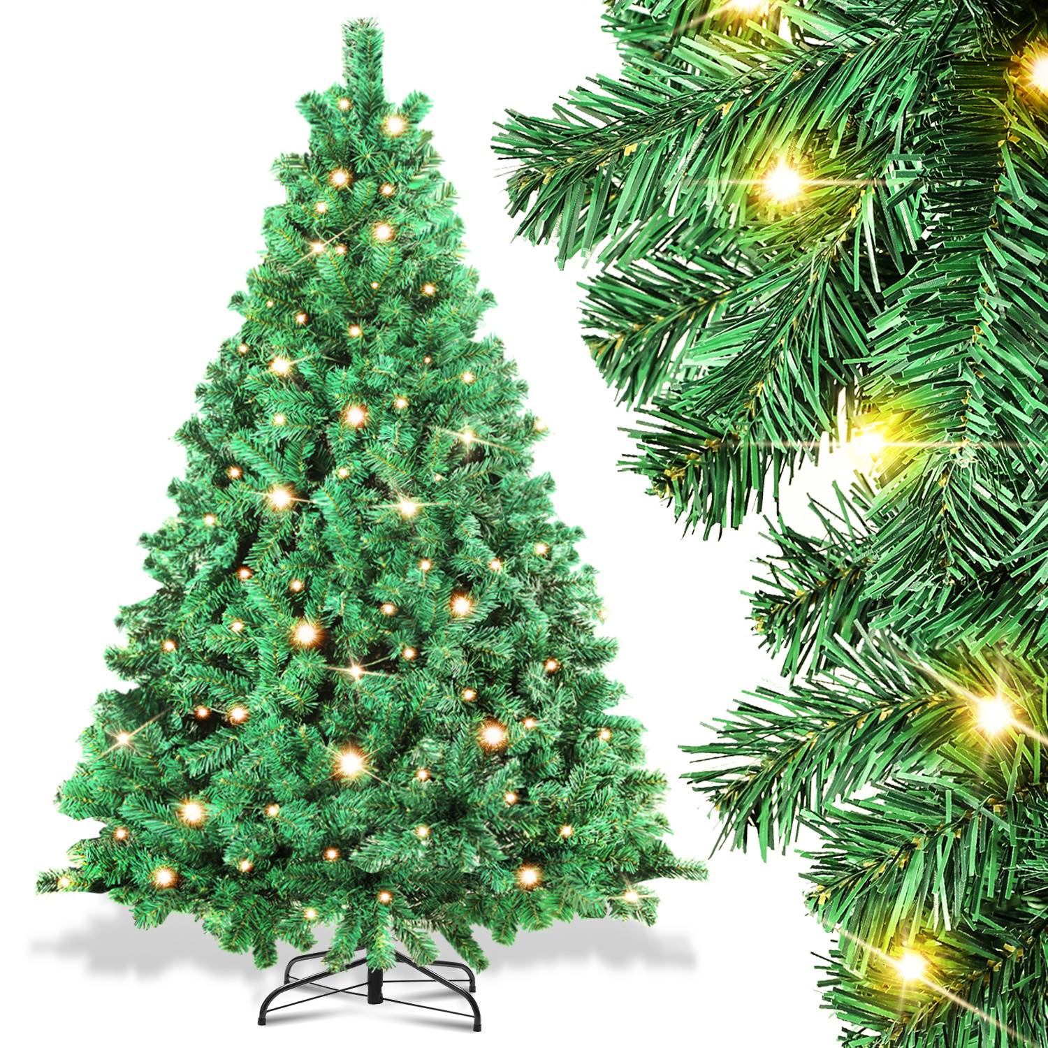 150cm Künstlicher Weihnachtsbaum mit LED-Beleuchtung 200 LEDs Warmweiß inkl. Metallfuß mit 550 Spitzen Christbaum Tannenbaum PVC Grün