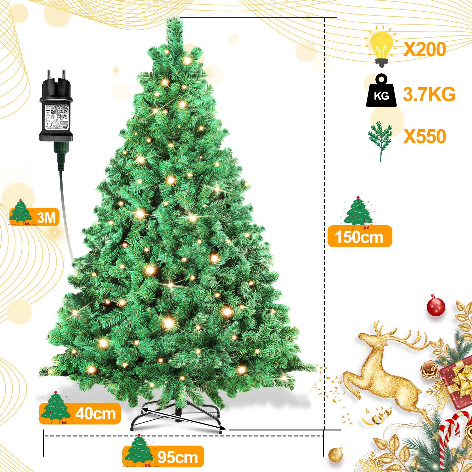 150cm Künstlicher Weihnachtsbaum mit LED-Beleuchtung 200 LEDs Warmweiß inkl. Metallfuß mit 550 Spitzen Christbaum Tannenbaum PVC Grün