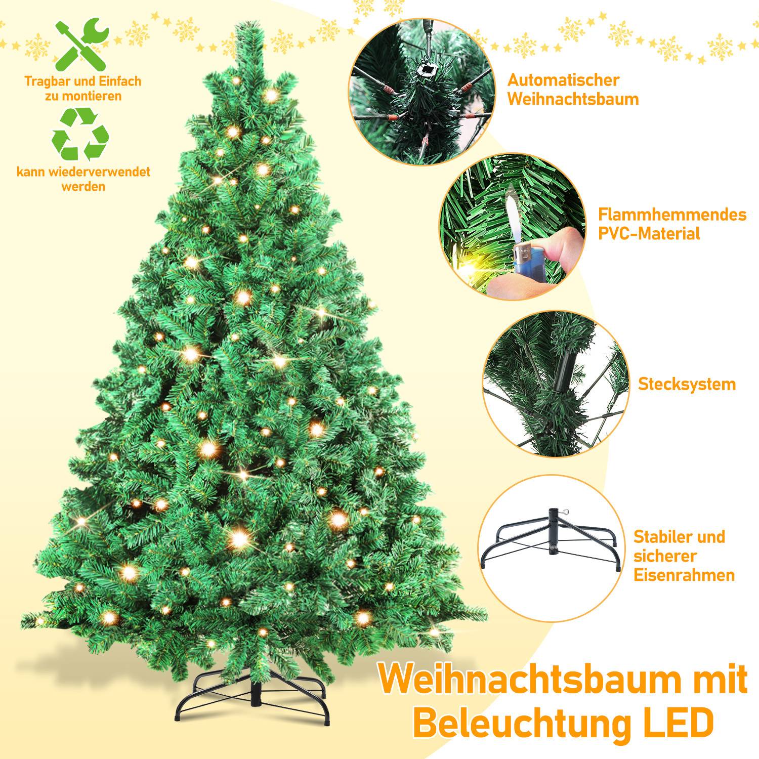 120cm Künstlicher Weihnachtsbaum mit LED-Beleuchtung 150 LEDs Warmweiß inkl. Metallfuß mit 340 Spitzen Christbaum Tannenbaum PVC Grün