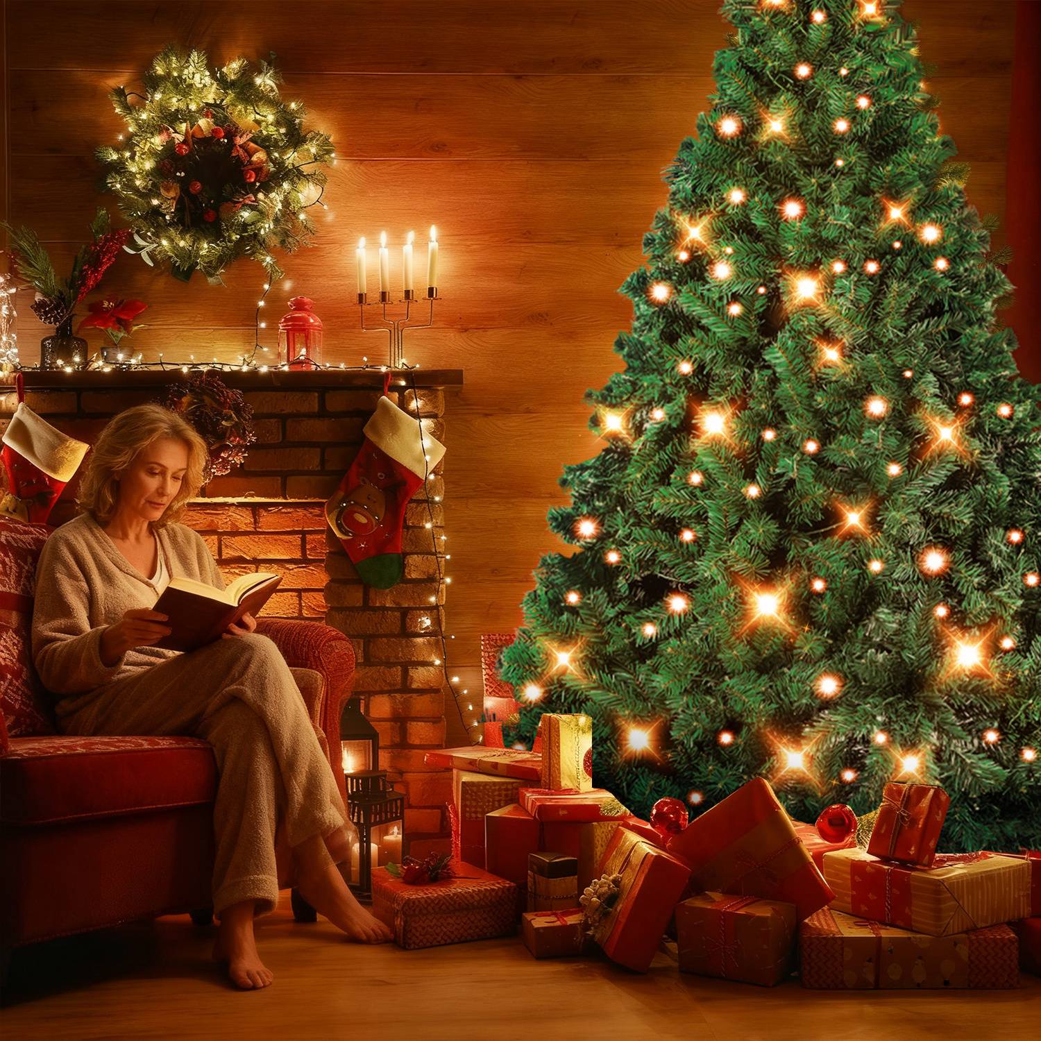 210cm Künstlicher Weihnachtsbaum mit LED-Beleuchtung 400 LEDs Warmweiß inkl. Metallfuß mit 1200 Spitzen Christbaum Tannenbaum PVC Grün