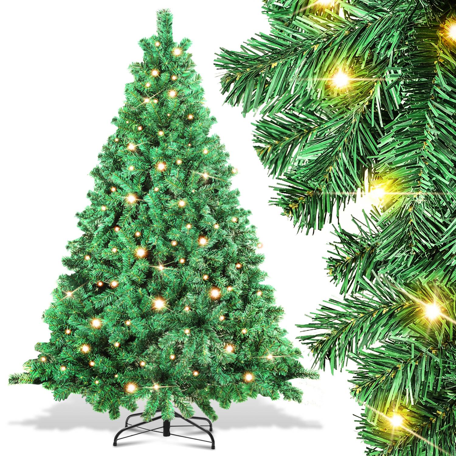 180cm Künstlicher Weihnachtsbaum mit LED-Beleuchtung 250 LEDs Warmweiß inkl. Metallfuß mit 860 Spitzen Christbaum Tannenbaum PVC Grün