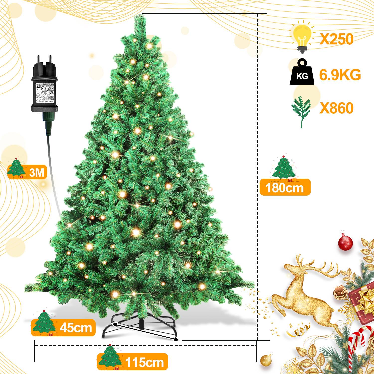 180cm Künstlicher Weihnachtsbaum mit LED-Beleuchtung 250 LEDs Warmweiß inkl. Metallfuß mit 860 Spitzen Christbaum Tannenbaum PVC Grün