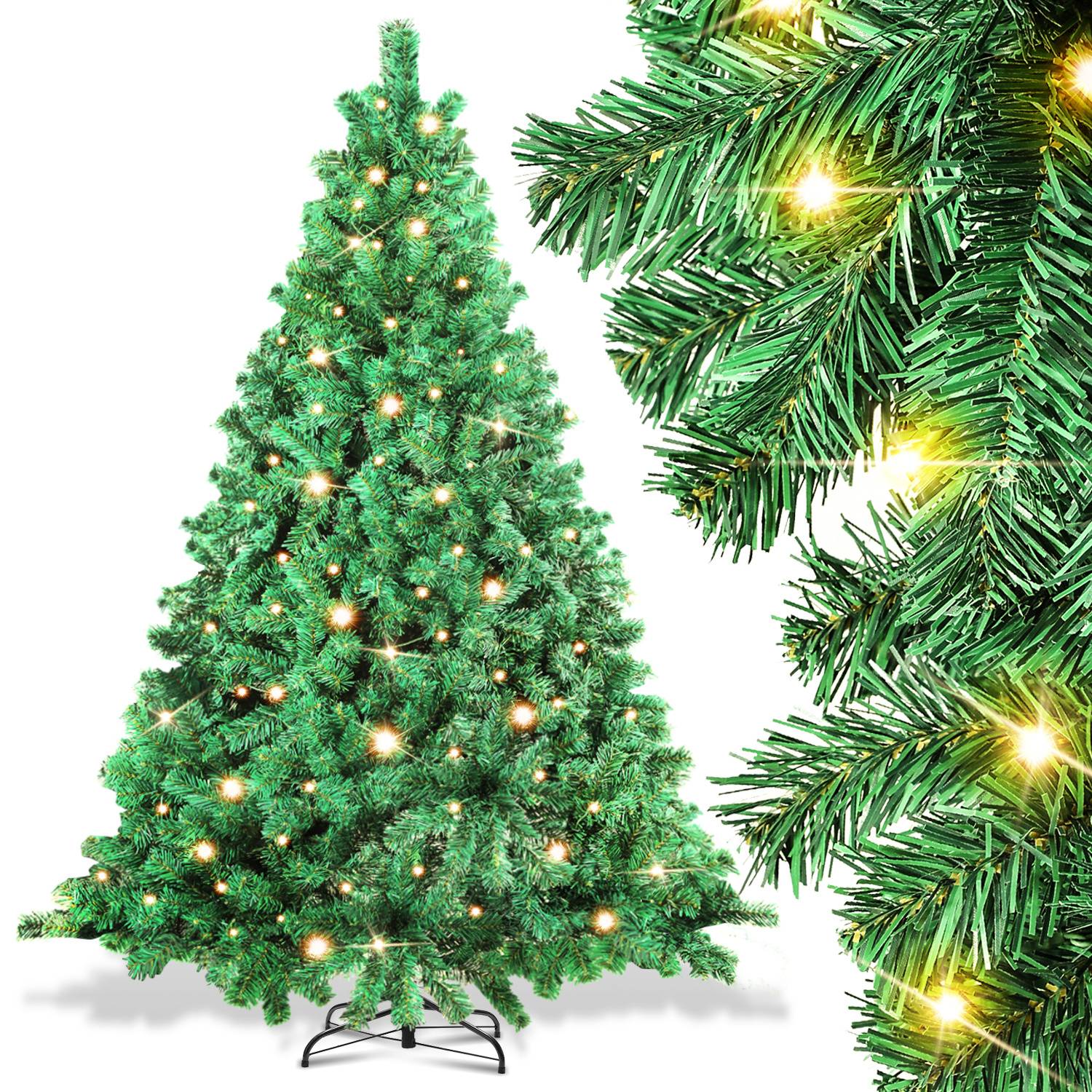 Künstlicher Weihnachtsbaum, beleuchtet mit warmweißen Lichtern, in voller Länge gezeigt mit einer Nahaufnahme seiner grünen Äste auf der rechten Seite.