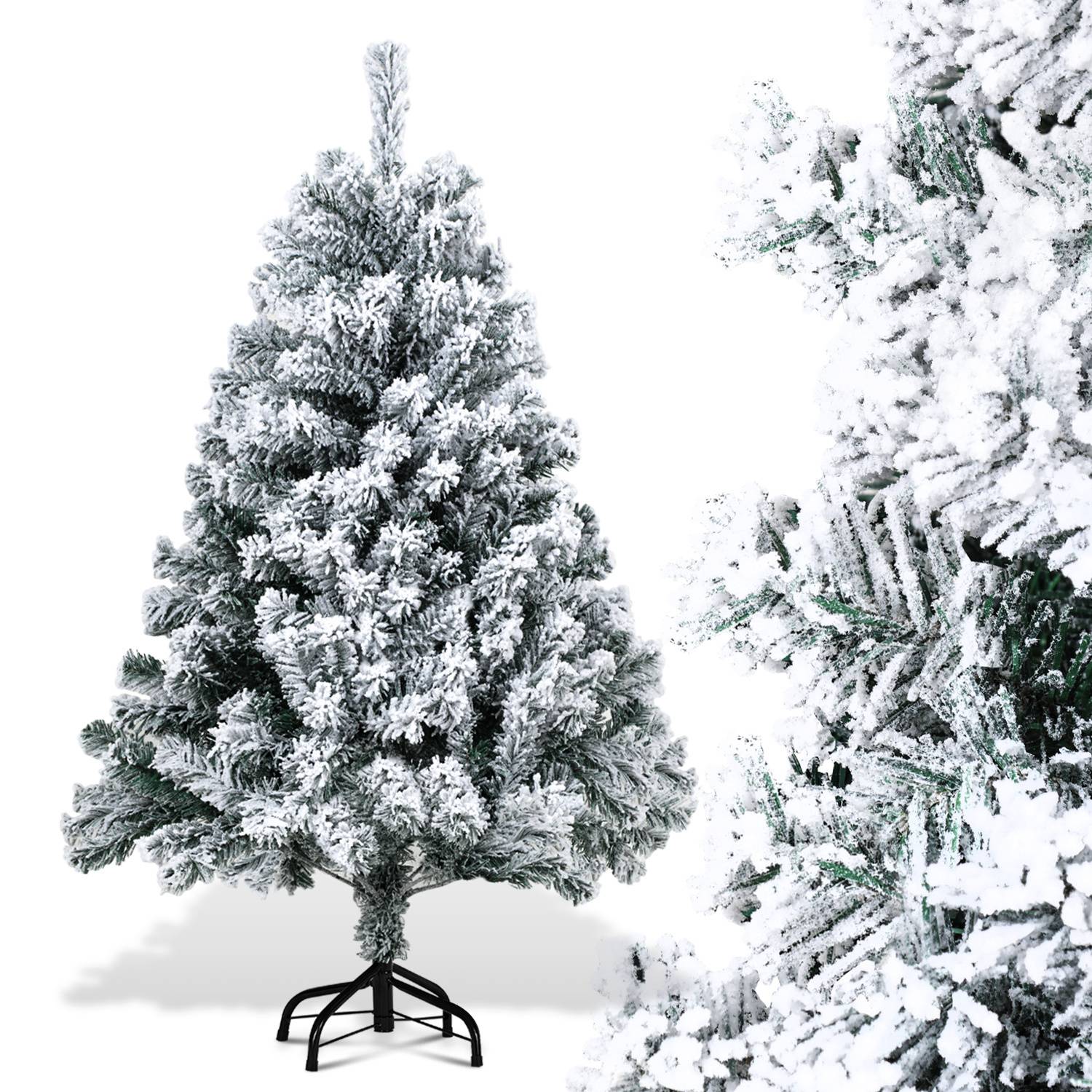 120cm Künstlicher Weihnachtsbaum mit Schnee, inkl. Metallfuß mit 340 Spitzen PVC Nadeln, Christbaum Tannenbaum PVC, Weiß