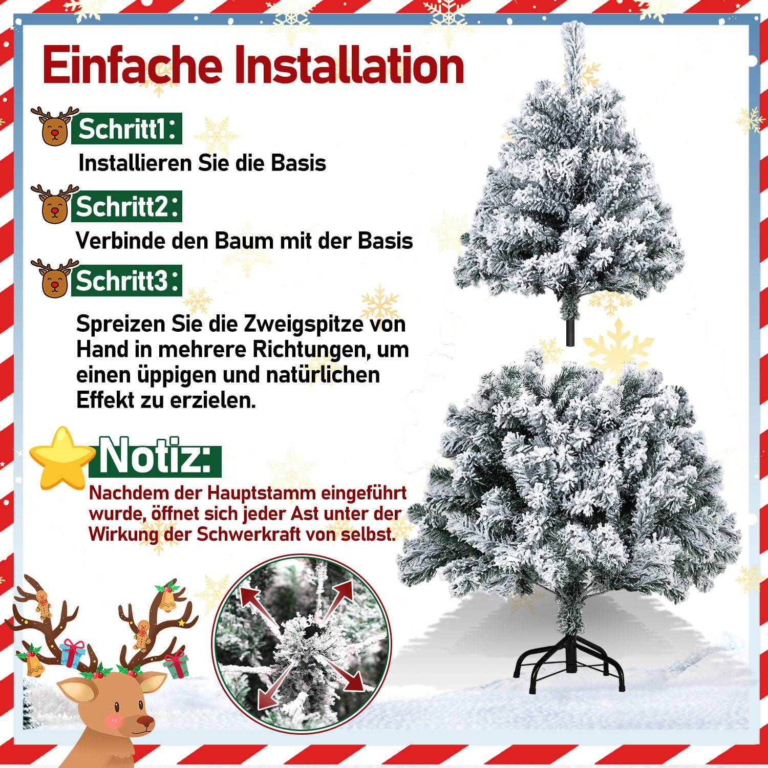 120cm Künstlicher Weihnachtsbaum mit Schnee, inkl. Metallfuß mit 340 Spitzen PVC Nadeln, Christbaum Tannenbaum PVC, Weiß
