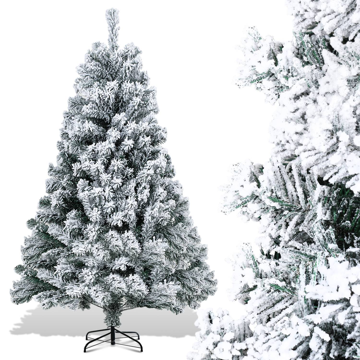 150cm Künstlicher Weihnachtsbaum mit Schnee, inkl. Metallfuß mit 550 Spitzen PVC Nadeln, Christbaum Tannenbaum PVC, Weiß