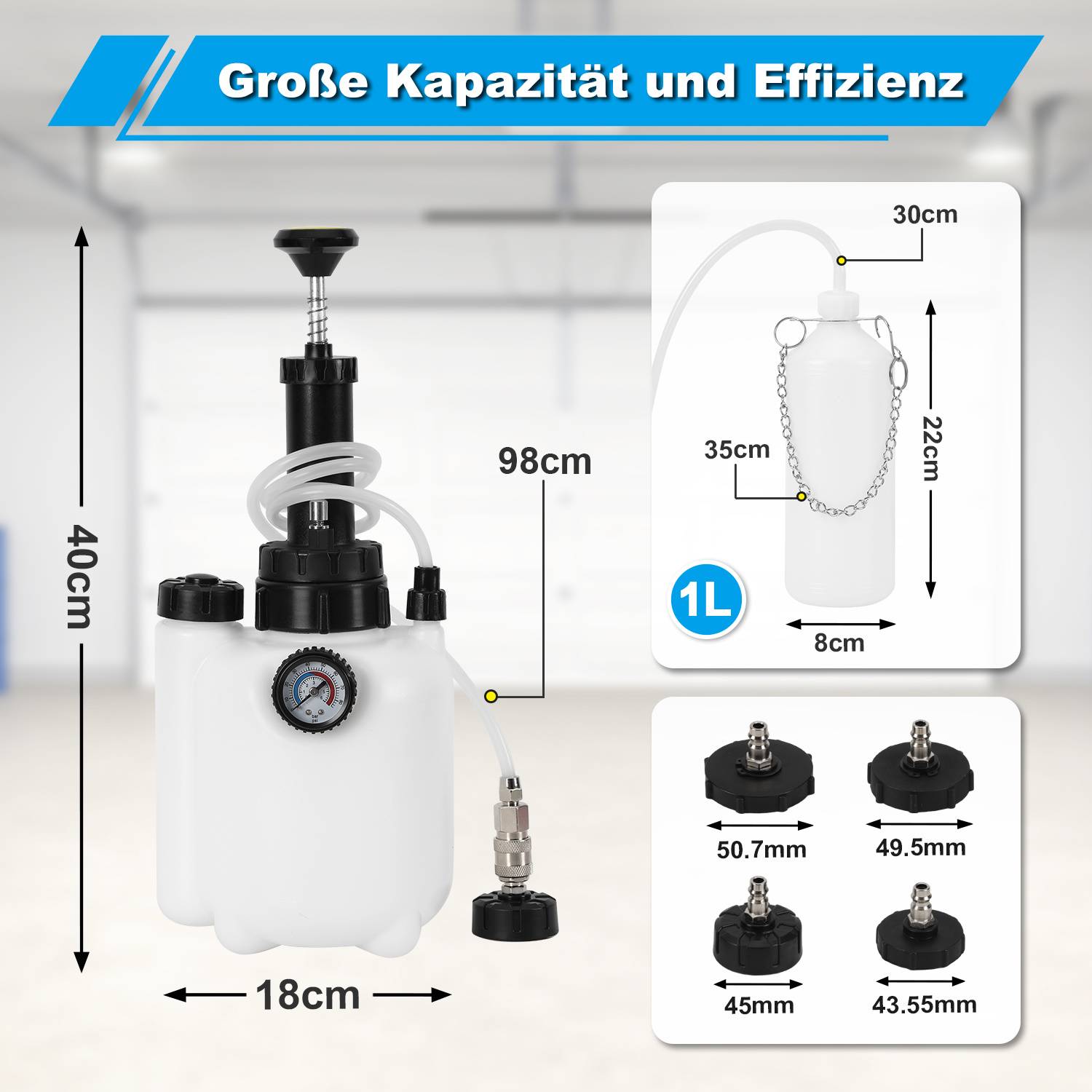 Illustrierte Handpumpensprühflasche mit Abmessungen: 40 cm Höhe, 18 cm Breite, 98 cm Schlauchlänge, 1 L Flasche, plus Düsengrößenoptionen von 50,7 mm bis 43,55 mm.
