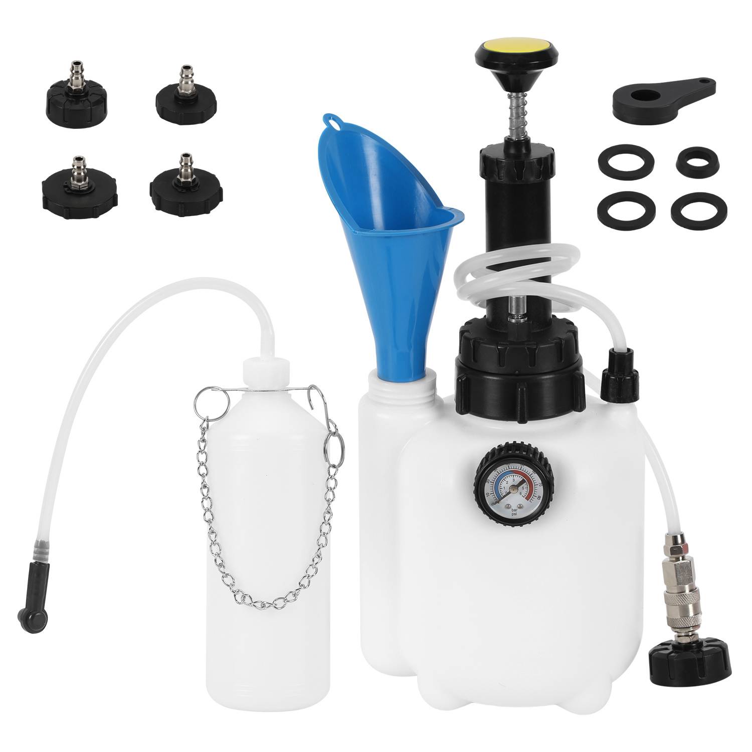 Autopflege-Schaumsprüher-Set mit weißer Flasche, Pumpe, Druckmessgerät, blauem Trichter, Schlauch und verschiedenen Adaptern und Dichtungen.