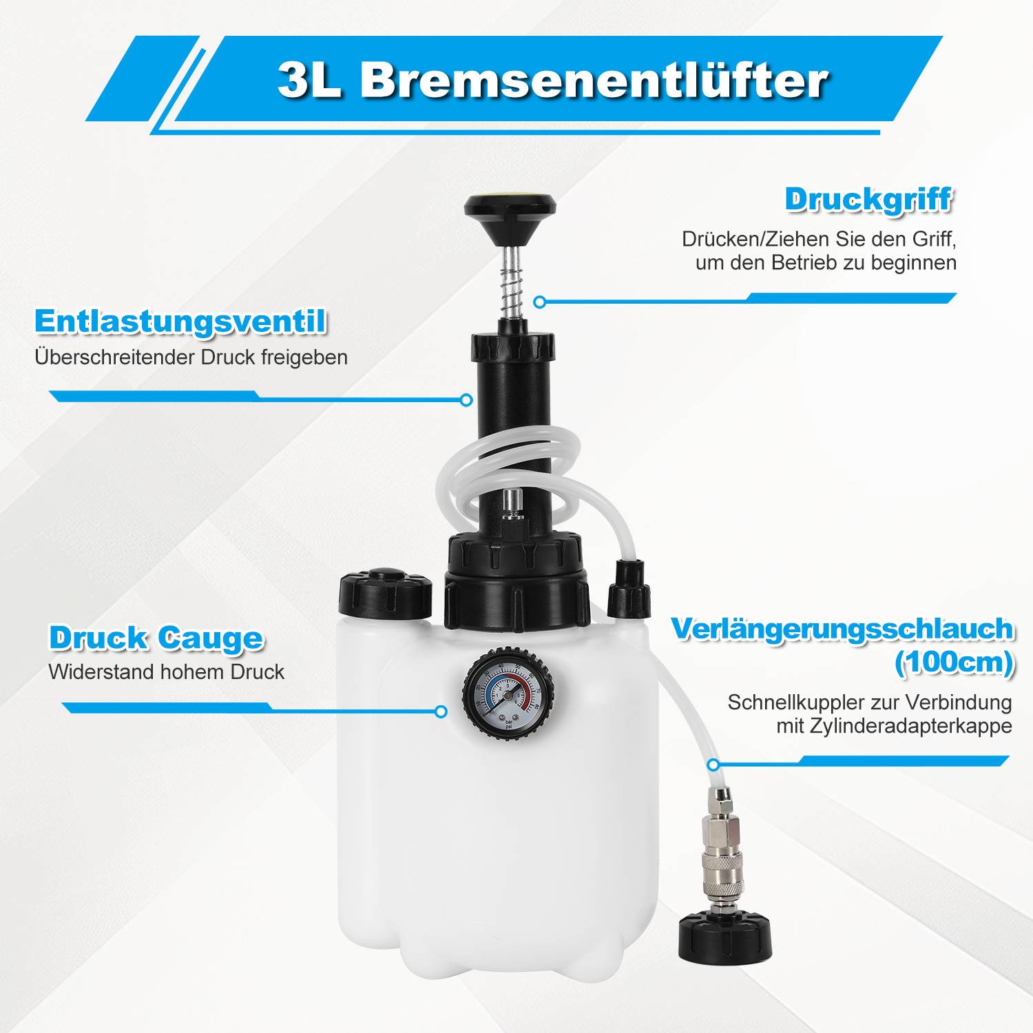 Bremsenentlüfter 4*Adapter Bremsflüssigkeit KFZ 3L Entlüftungsgerät Druckluft