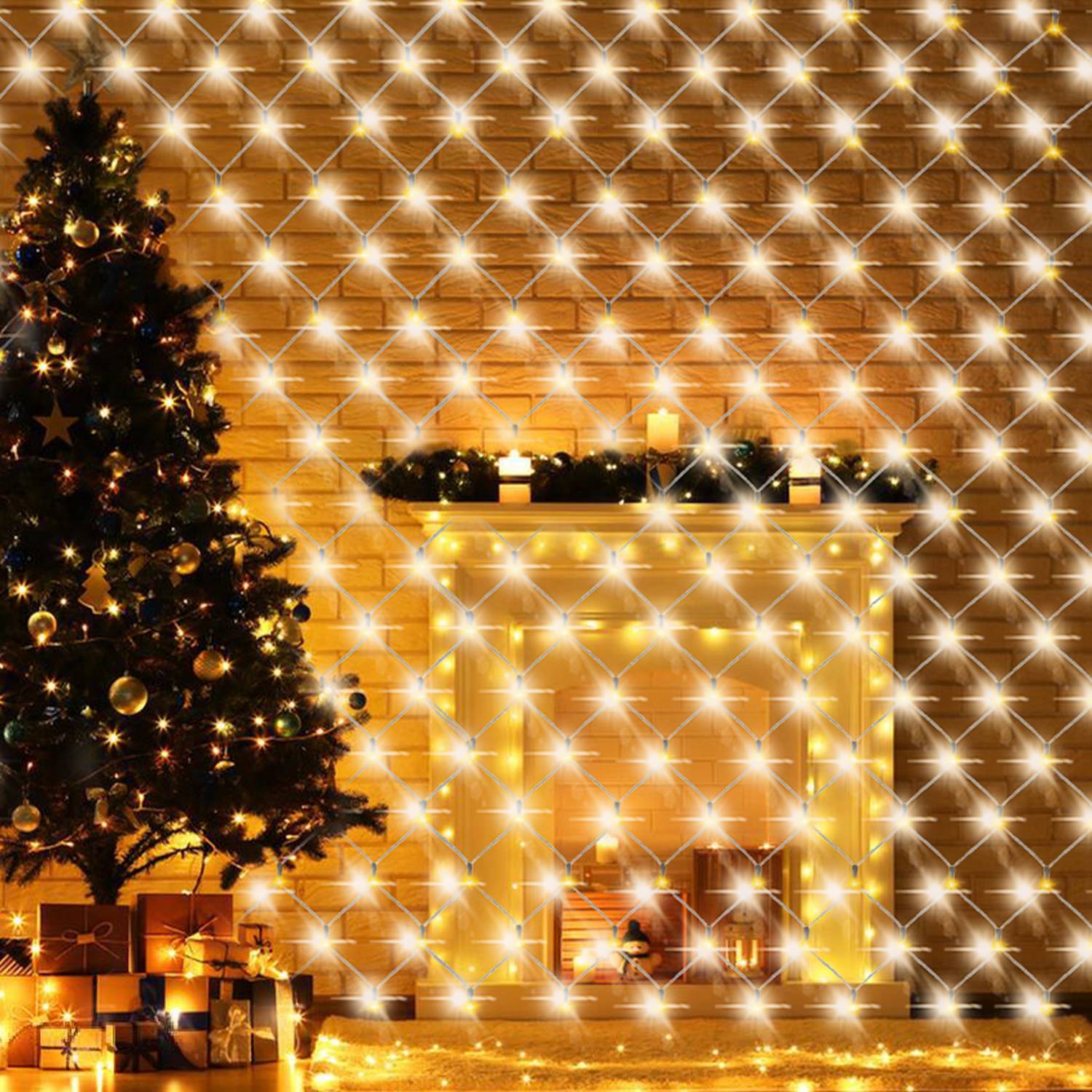 LED Lichternetz 1.5x1.5m 96 LEDs Warmweiß Lichterkette IP44 8 Beleuchtungsmodi Speicherfunktion für Innen & Außen mit Transparent Kabel
